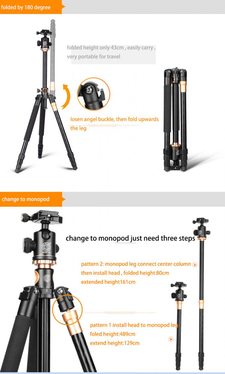 QZSD Multifunction Professional DSLR Horizontal Center Tripod + Monopod